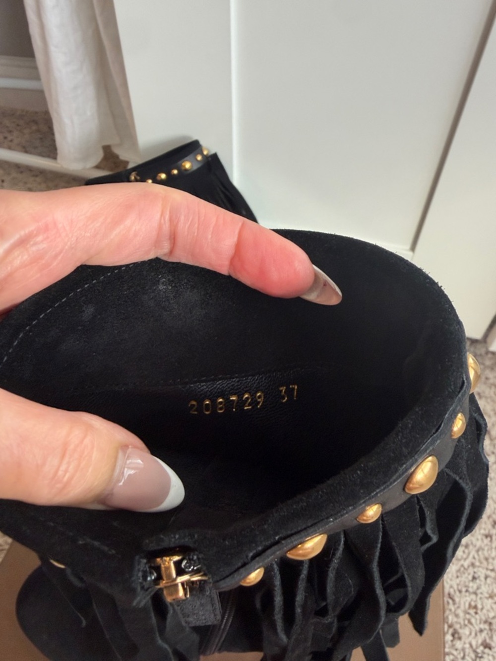 Authentic Gucci Black Suede Fringe Ankle Boots with Gold Studs size 7 - Picture 9 of 9